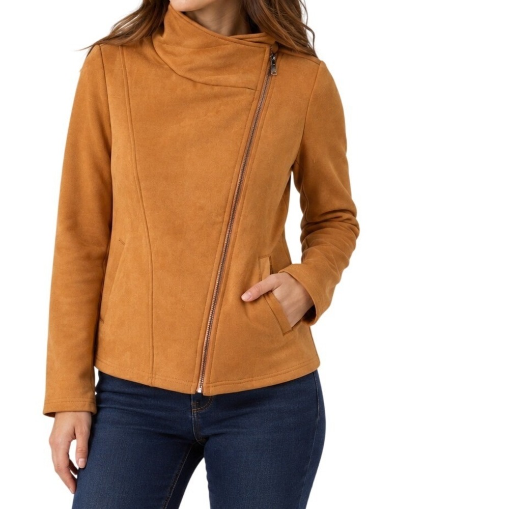 Automet Orange Camel Faux Suede Asymmetrical Zip Moto Jacket Women's Medium